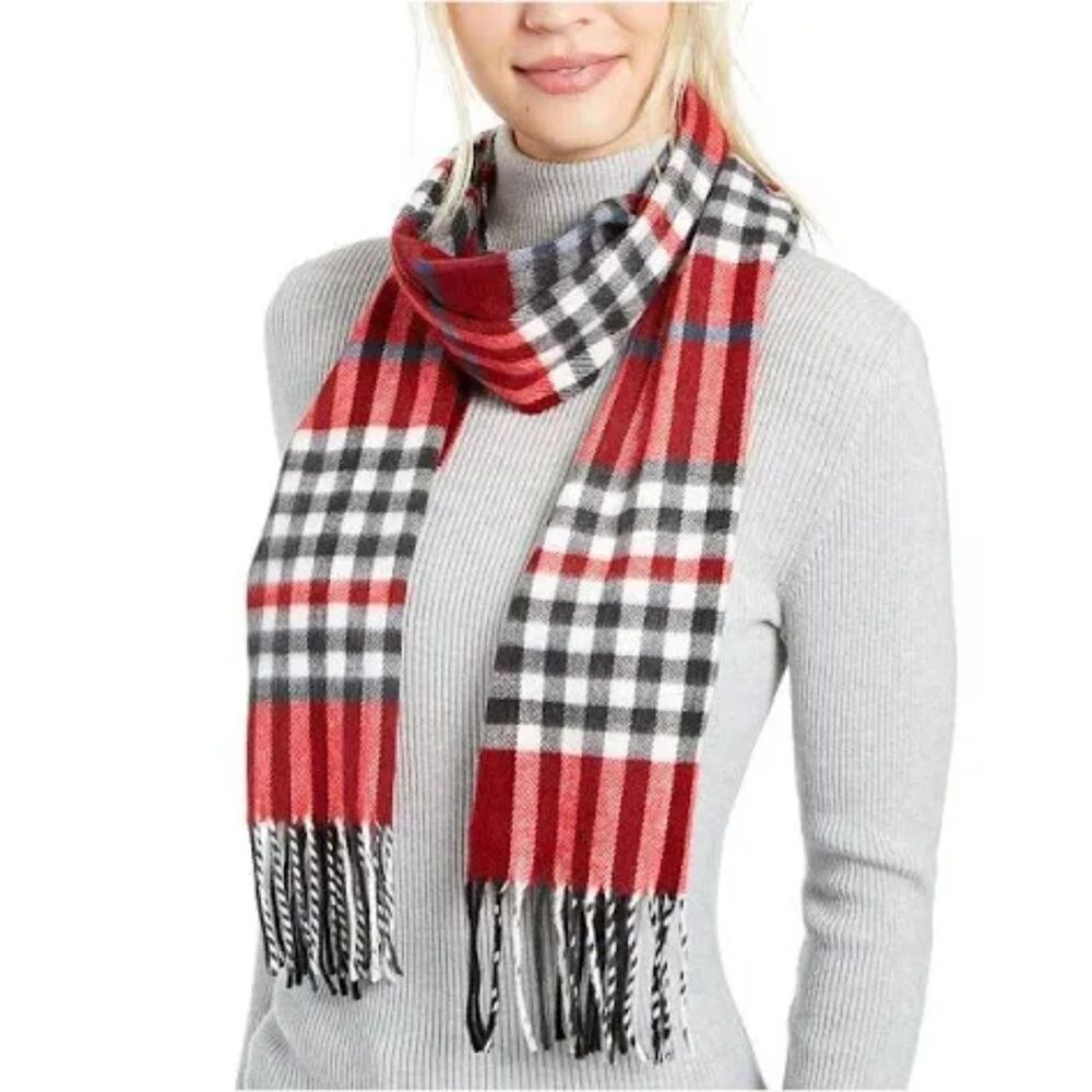 Cejon Tartan Italian Red/Black/White/Gray Plaid Women's Scarf 11x67 Macy's EUC